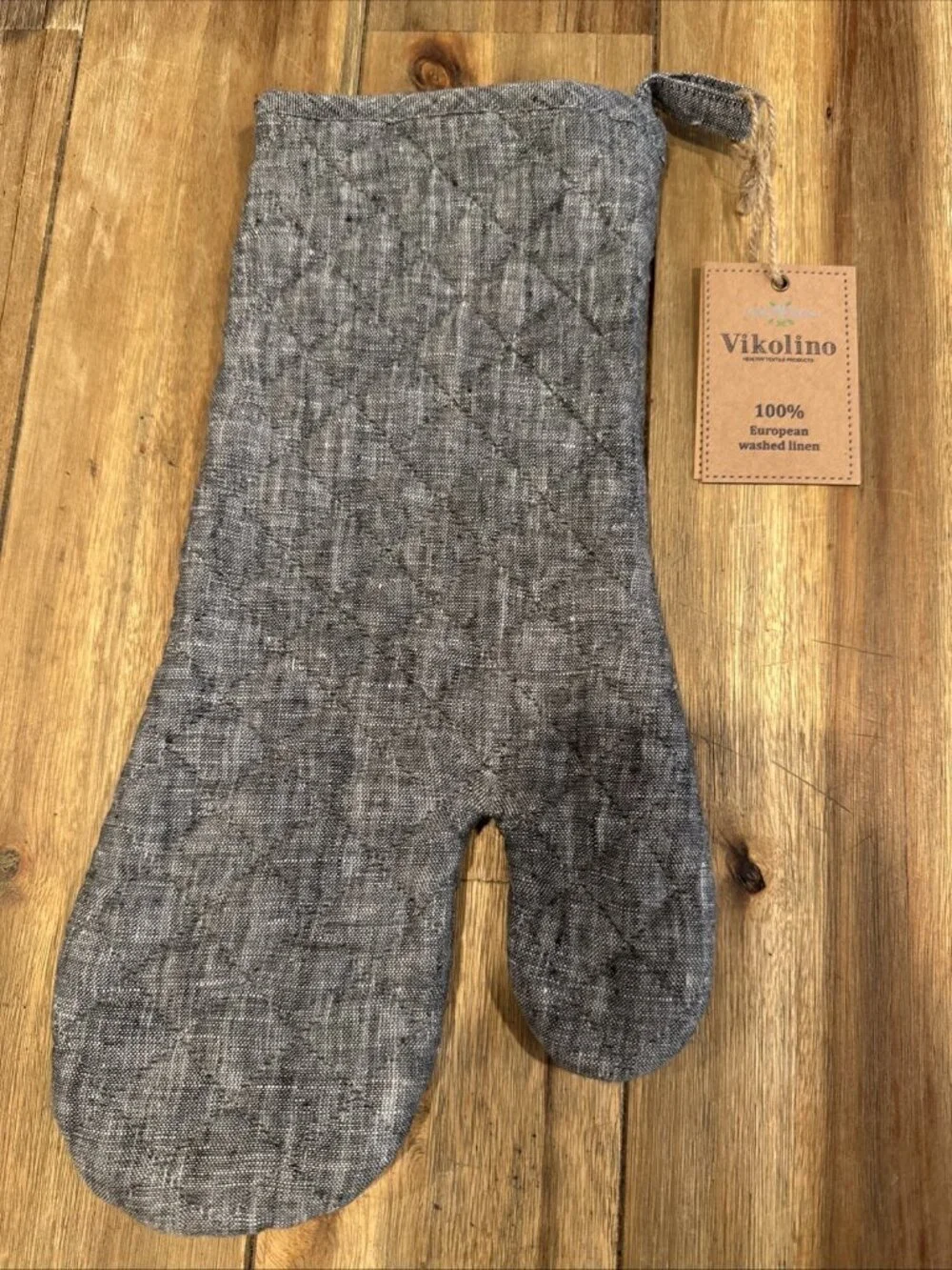 Vikolino Gray Linen Quilted Oven Glove Machine Washable 12.5